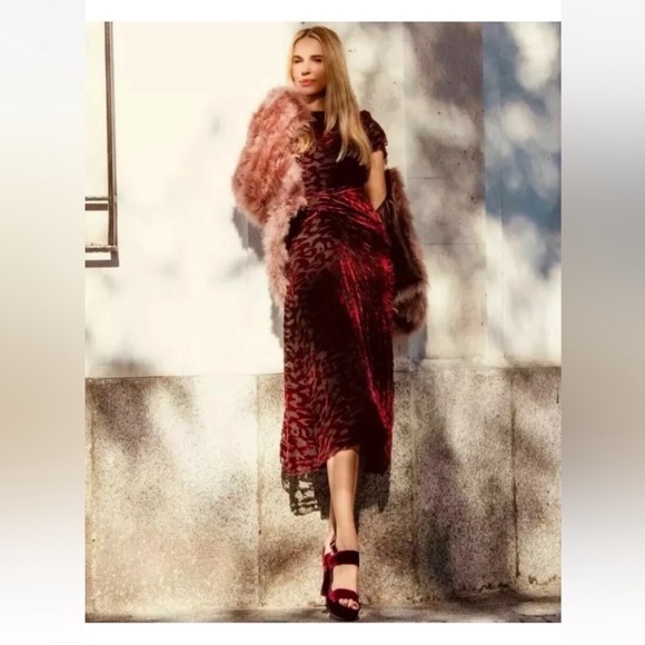 ZARA Velvet Burnout Draped Burgundy Midi Dress NWT - Picture 8 of 8